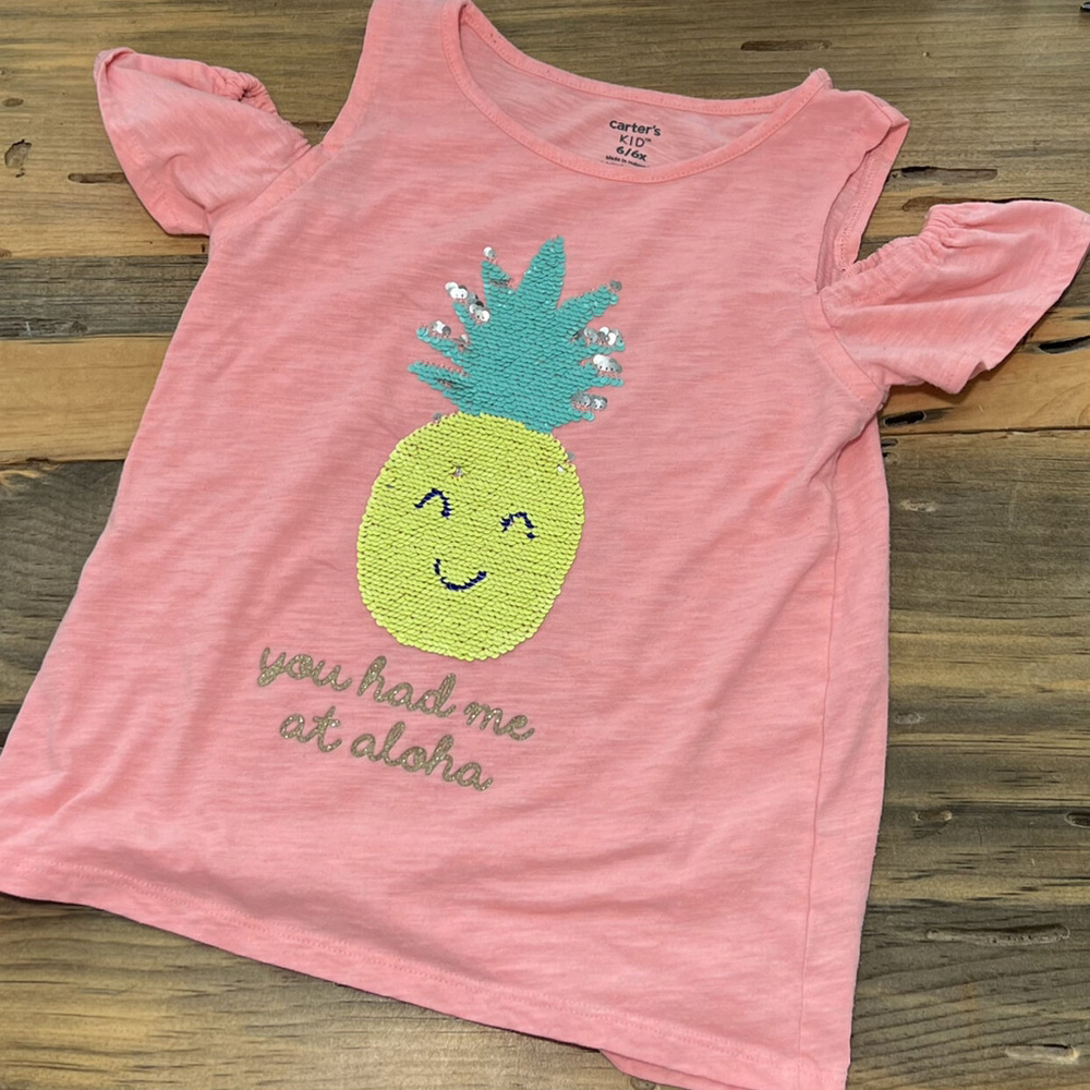 Carters Girls Pink Aloha Pineapple‎ Sequin Cold Shoulder Top Summer Beach 6/6X
